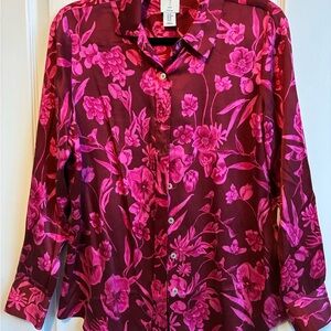 100% Silk Floral Button-Up Shirt in Pink and Burgundy